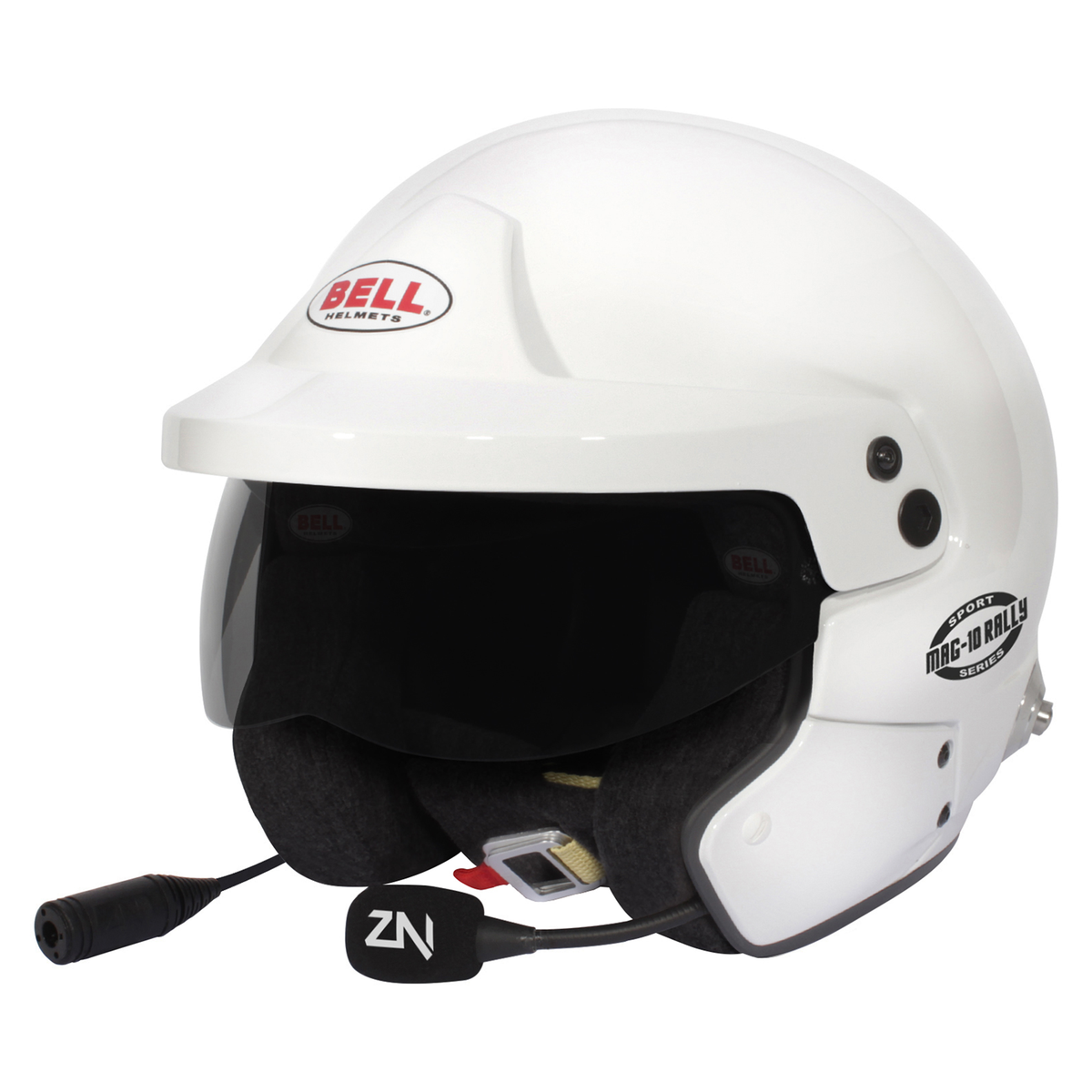 White Bell MAG-10 Rally Sport helmet with dark sunscreen and boom microphone