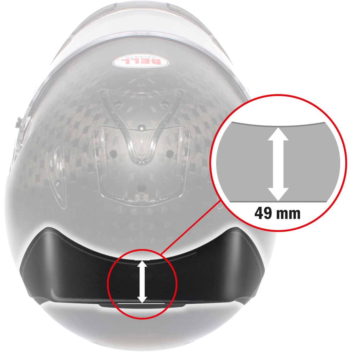 Bell rear spoiler reference image showing a 49mm measurement