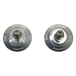 Two silver Arai metal FHR studs on a white background