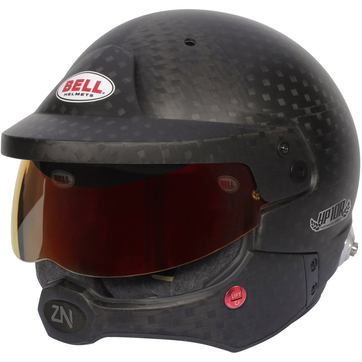 Bell HP10 Rally Carbon helmet with red sunscreen and carbon half chin bar