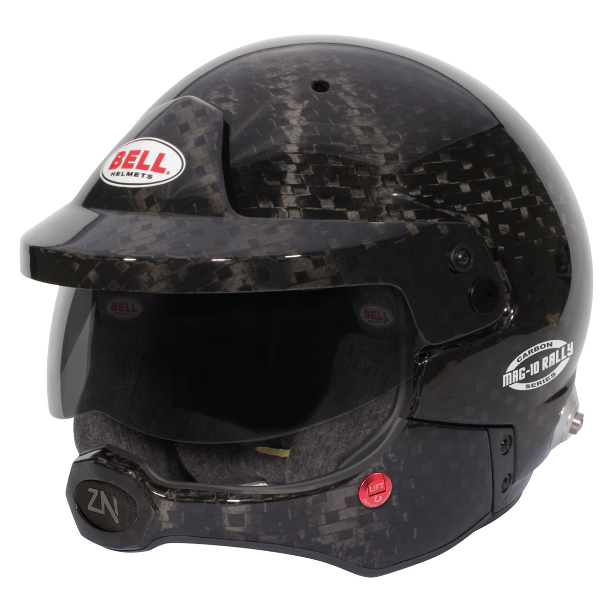 Bell MAG-10 Rally Ultra Carbon helmet with dark sunscreen and carbon half chin bar