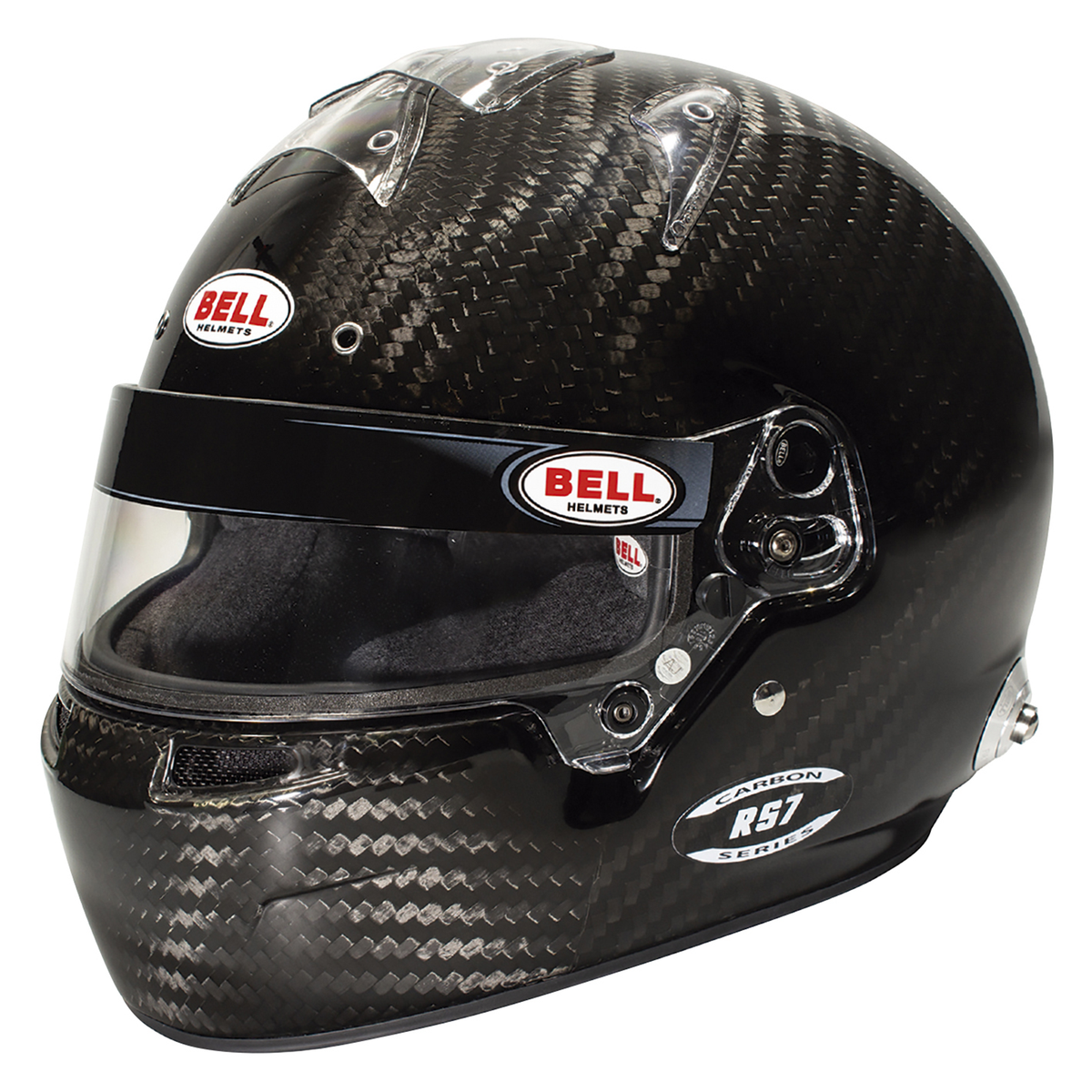 Bell RS7 Ultra Carbon helmet without duckbill, exposed carbon finish, three-quarter front view